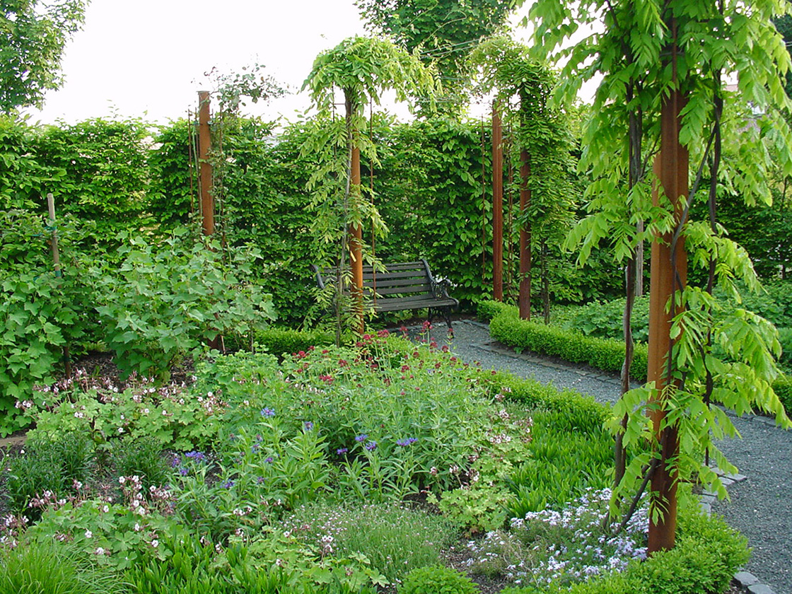 Garten mit Beeten und Pflanzen.